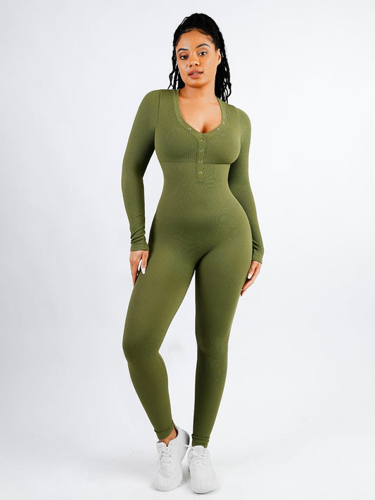 High-Stretch V-Neck Seamless Tummy Control Jumpsuit