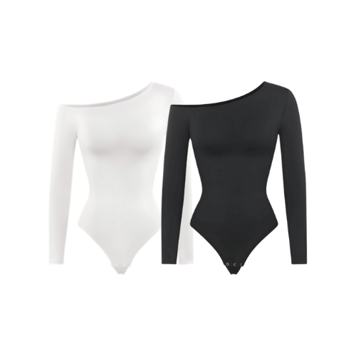 Diagonal Neck Long Sleeve Waist-Slimming Bodysuit