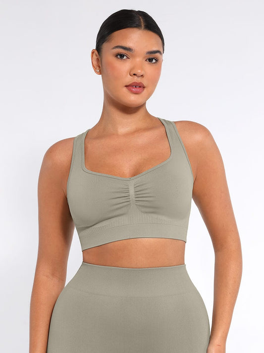 Seamless Racerback Sports Bra with Bust Support and Removable Cups