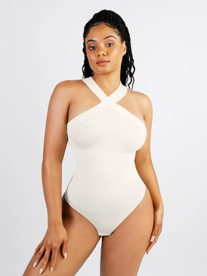 Seamless Halter Thong Bodysuit with Crossover Design