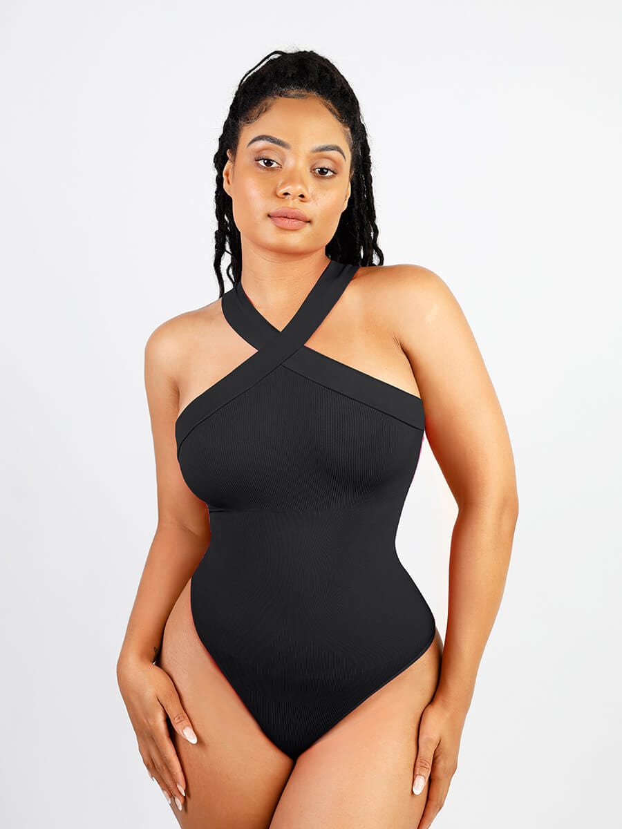 Seamless Halter Thong Bodysuit with Crossover Design