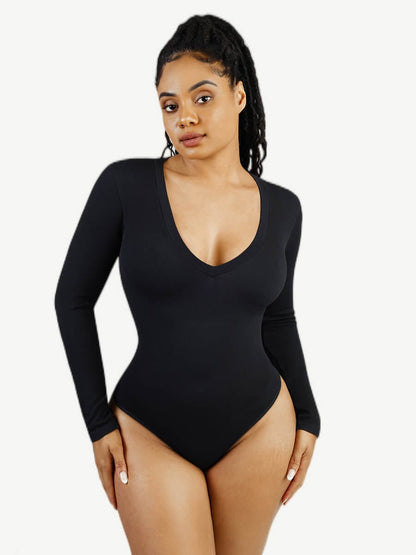 Long Sleeve V-Neck Waist-Enhancing Tummy Control Seamless Bodysuit