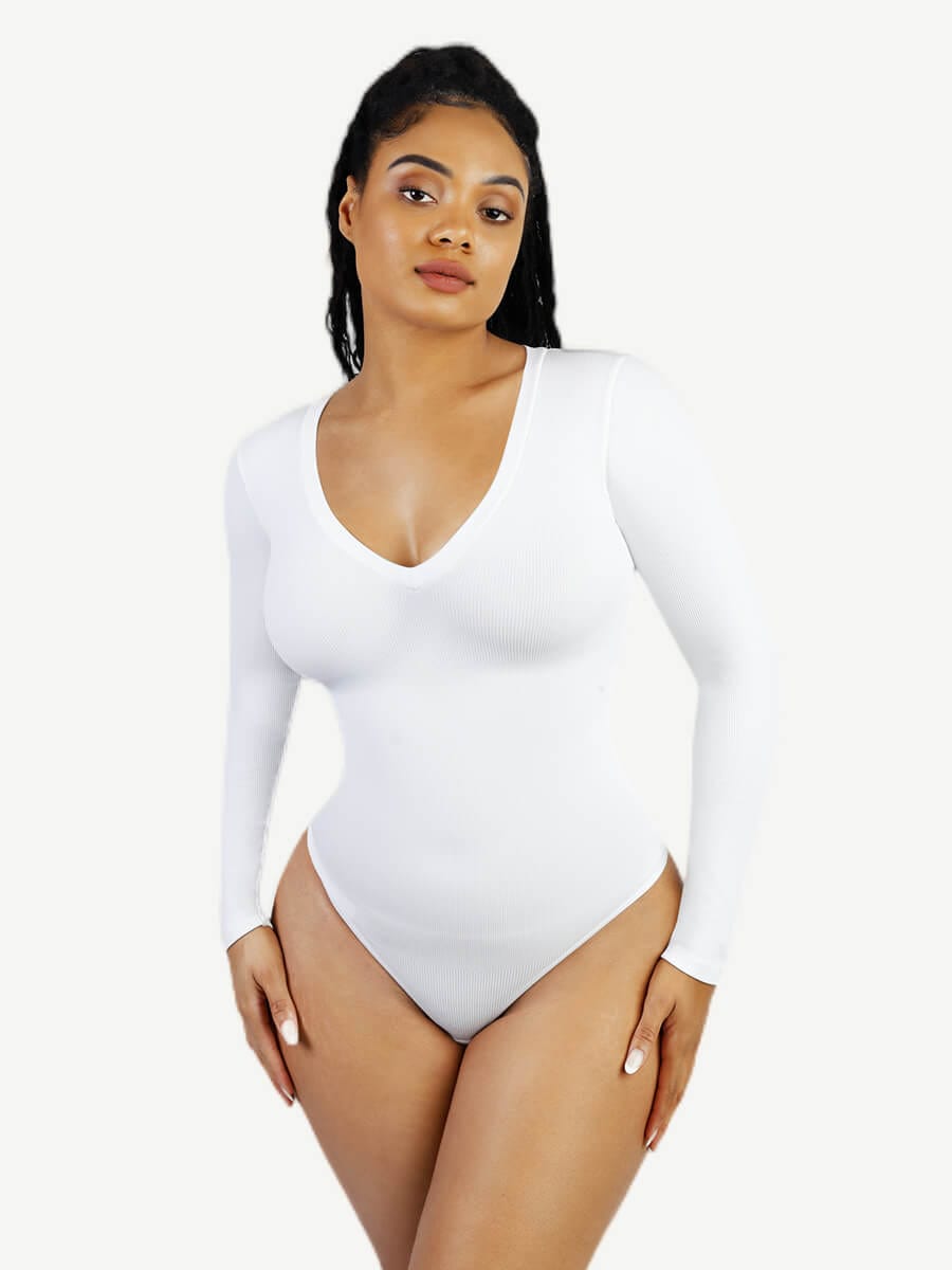 Long Sleeve V-Neck Waist-Enhancing Tummy Control Seamless Bodysuit