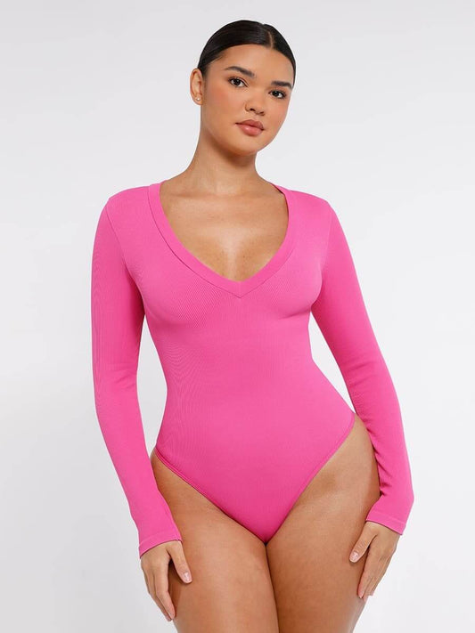 Long Sleeve V-Neck Waist-Enhancing Tummy Control Seamless Bodysuit