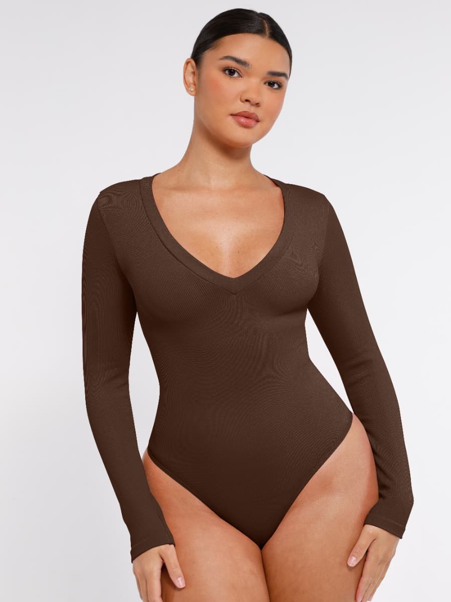 Long Sleeve V-Neck Waist-Enhancing Tummy Control Seamless Bodysuit