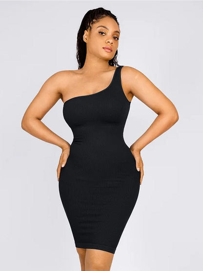 Eco-Friendly Seamless One-Shoulder Shaper Dress with Waist Trimming Design