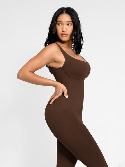 Seamless Flared Jumpsuit with a Square Neckline and U-Shaped Back