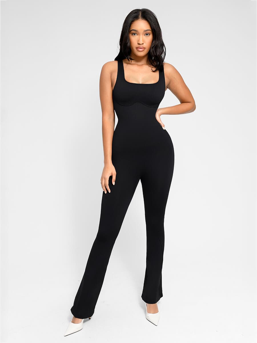 Seamless Flared Jumpsuit with a Square Neckline and U-Shaped Back